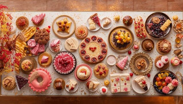 Showcasing festive dessert spread on gold-speckled tabletop with cakes and pastries