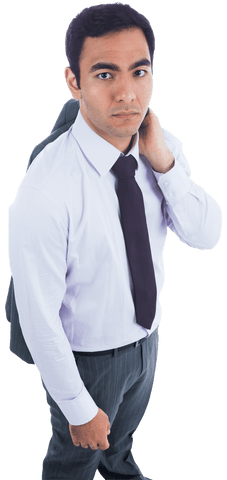 Serious Businessman Holding Suit on Transparent Background