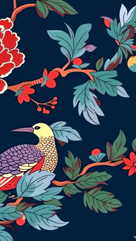 Vertical video stylized bird perching on floral branch red blossoms deep navy wallpaper loop