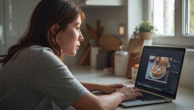 Woman editing bagel close-up on laptop in sunlit kitchen