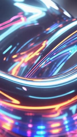 Animating neon reflective ribbons bending in dark studio for vertical futuristic opener