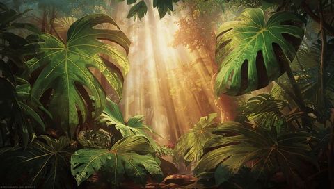 Tropical Jungle Foliage with Sunlight Streaming Through Leaves