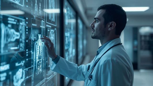 Physician examining interactive medical display with digital x-ray and anatomy overlays