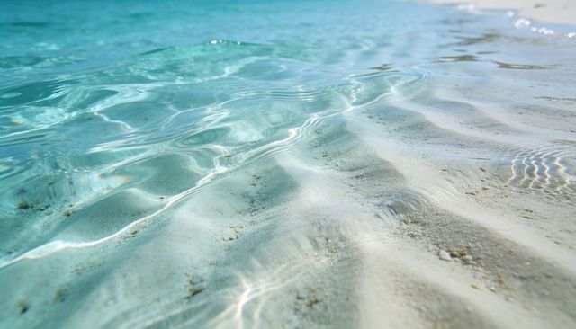 Turquoise shallow water caressing white sand with sunlit ripples and translucent caustics
