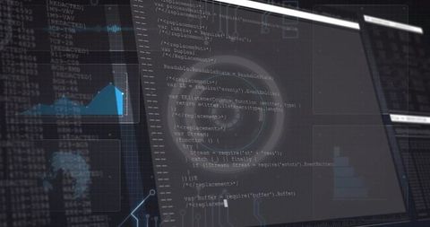 Displaying Tilted Monitor with Code and Data Panels in Cybersecurity Room Dashboard Ops