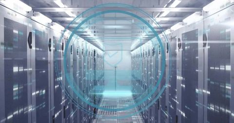 Futuristic data center with holographic security shield icon