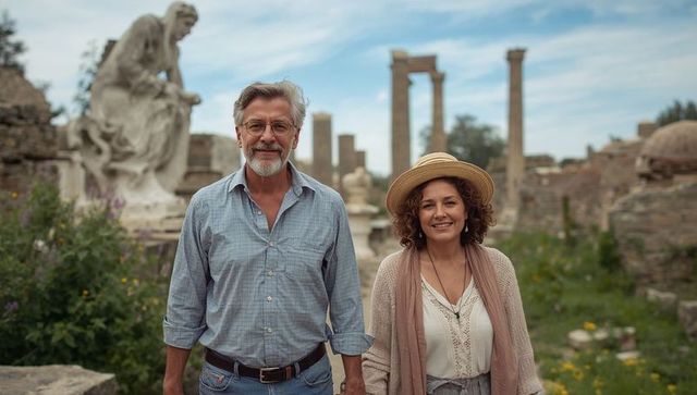 Smiling mature couple exploring ancient ruins with classical columns and statue
