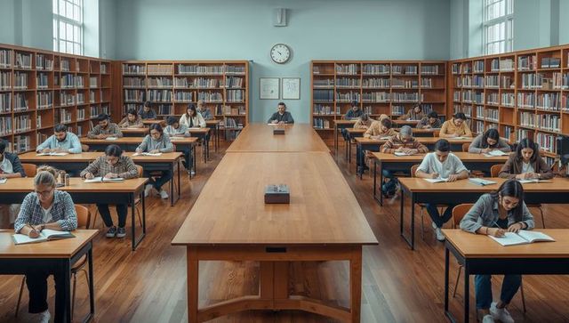 Proctor Monitoring Students Taking Timed Exam in Library with Long Wooden Study Tables