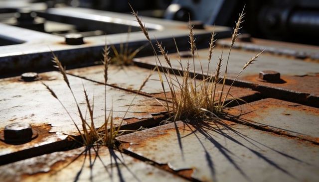 Dry grass sprouting through rusting industrial metal plates with bolts and sunlit shadows