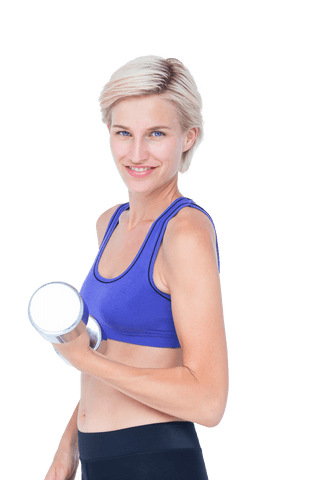 Transparent woman exercising with dumbbells in fitness wear