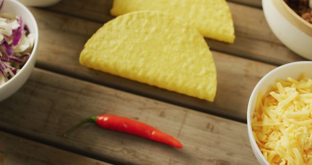 Bright red chili pepper next to hard taco shells, grated cheese, and diced vegetables on a wooden table. Perfect for illustrating Mexican food preparation, recipe blogs, culinary themes, or promoting culinary classes.