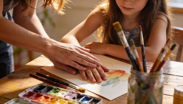 Parent guiding child hand painting watercolor on sunlit wooden table with brushes, palette