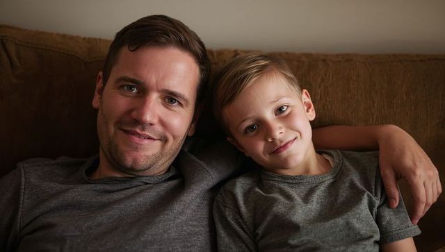 Father and son cuddling on couch sharing quiet bond and warmth
