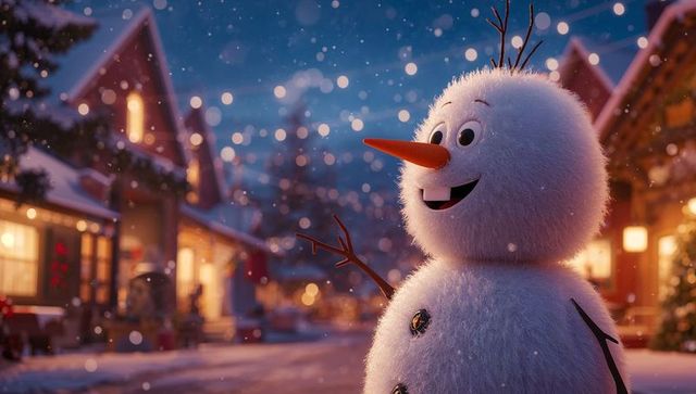 Snowman Waving on Cozy Snowy Village Street at Dusk