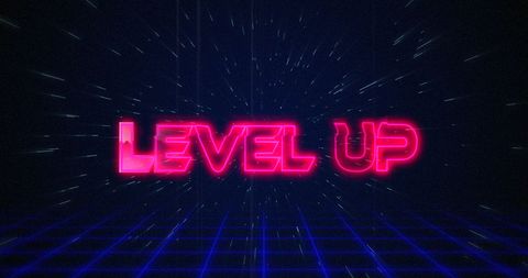 Retro Neon Level Up Text with Digital Grid Background - Download Free Stock Images Pikwizard.com