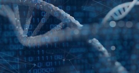 DNA Helix with Binary Overlay in Molecular Network Background