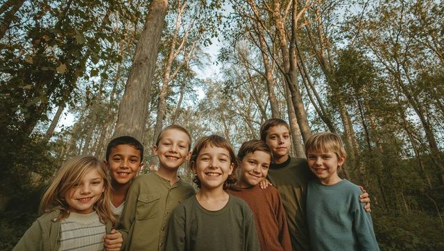 Seven children linking arms and smiling in sunlit woodland clearing outdoor friendship