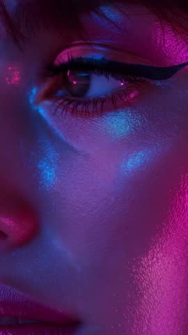 Glancing woman reacting to neon color shifts with winged liner and glitter in moody macro vertical v