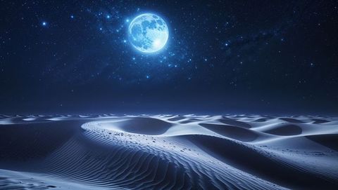 Full moon silhouetting desert dunes against starry night sky