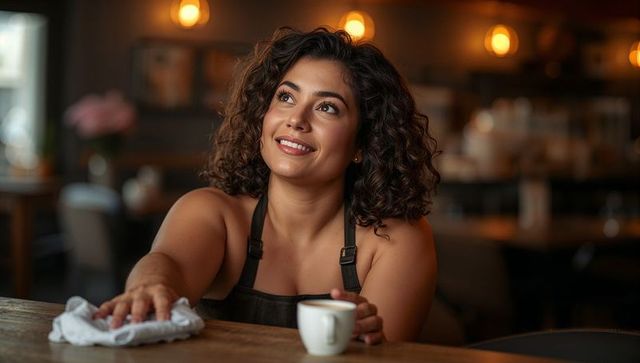 Smiling barista wiping cafe table while holding espresso cup in warm cozy bokeh lighting