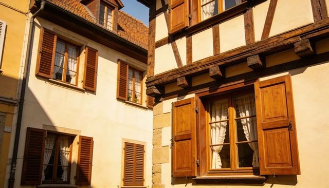 Sunlit Half-Timbered Facade with Open Wooden Shutters and Lace Curtains on Narrow Alley