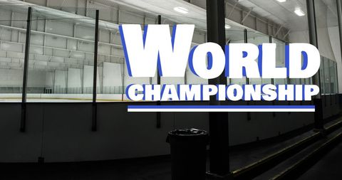 Ice hockey rink with world championship text overlay