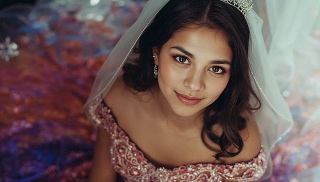 Elegant Teenage Bride in Pink Gown with Tiara and Veil