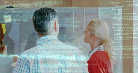 Professionals collaborating on strategy with digital elements