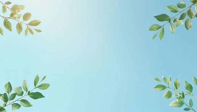 Leafy branches framing gradient blue sky with soft sun flare minimalist nature background copy space