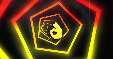 Vibrant ok hand gesture with colorful geometric pentagons