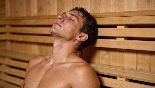 Young man relaxing in sauna on wooden bench, sweating with eyes closed, wellness recovery