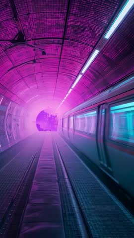 Vertical video neon transit train gliding through cyberpunk tunnel toward glowing portal