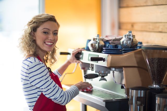 Portrait of smiling waitress wiping espresso machine with napkin in cafÃ©