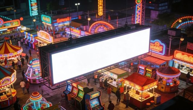 Hanging blank billboard overlooking neon carnival night market with arcades and carousel