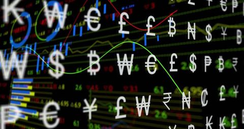Currency Symbols Overlay on Dynamic Financial Dashboard