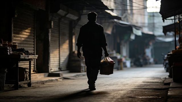 Silhouetted man walking empty market alley at dawn holding woven basket and jars