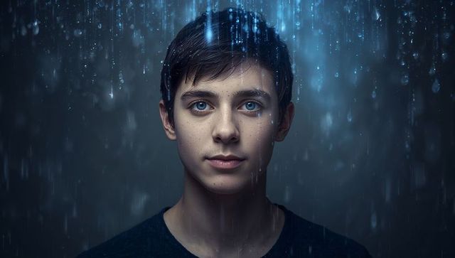 Moody Cinematic Teen Male Portrait in Rain with Blue Lighting and Intensified Catchlights
