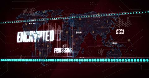 Encrypted Global Cybersecurity Dashboard Showing Holographic World Map with Neon Data Streams