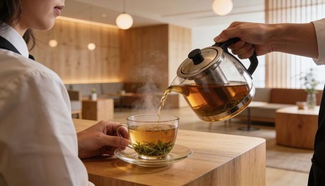 Barista pouring steaming green tea from glass teapot into cup in modern wooden lounge
