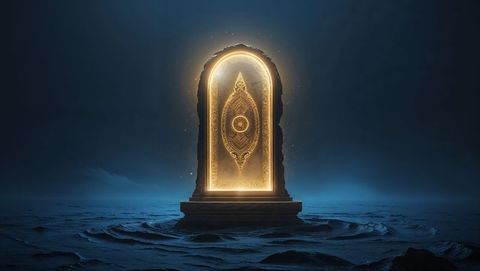 Glowing golden portal illuminating mystical sands at night