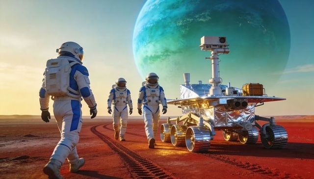 Astronaut Crew Walking on Red Planet Toward Six-Wheel Rover Under Distant Green Gas Giant