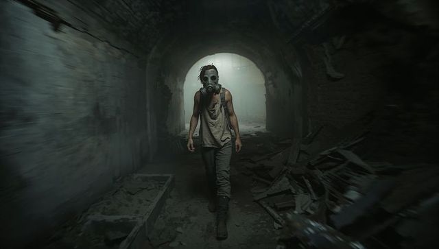 Post-apocalyptic scavenger walking through ruined arched tunnel wearing gas mask