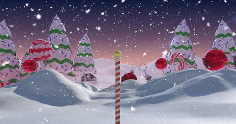 Festive Winter Wonderland with Candy Cane Forest and Falling Snow