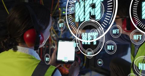 Technicians analyzing nfts grid display in server hub