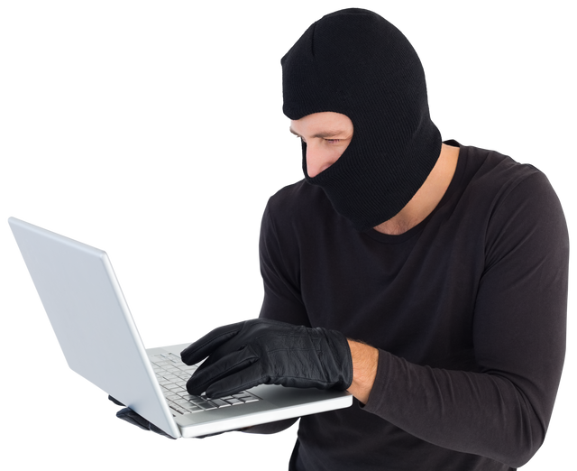 Transparent masked burglar focused using laptop hacking data - Download Free Stock Videos Pikwizard.com