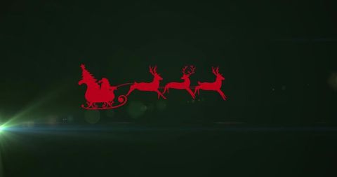 Santa Sleigh Flying with Three Reindeer Silhouettes on Dark Green Gradient with Lens Flare