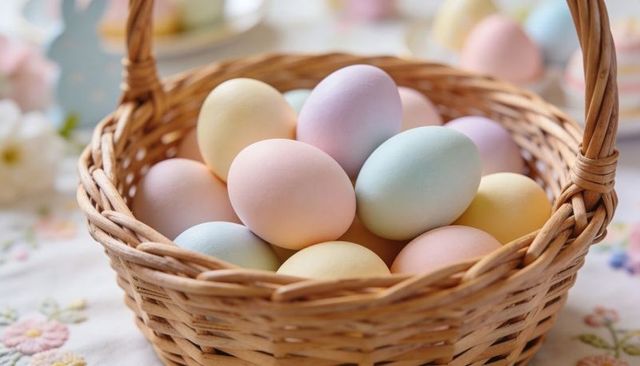Pastel easter eggs woven wicker basket on floral tablecloth spring holiday home decor