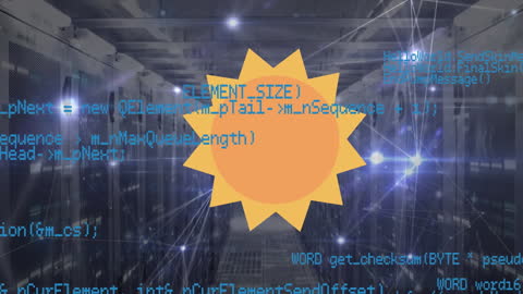 Spinning Sun Icon Over Digital Data Streams in Server Room