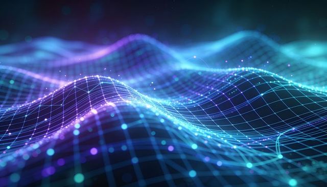 Neon wireframe wave network futuristic digital grid with glowing nodes and data flow