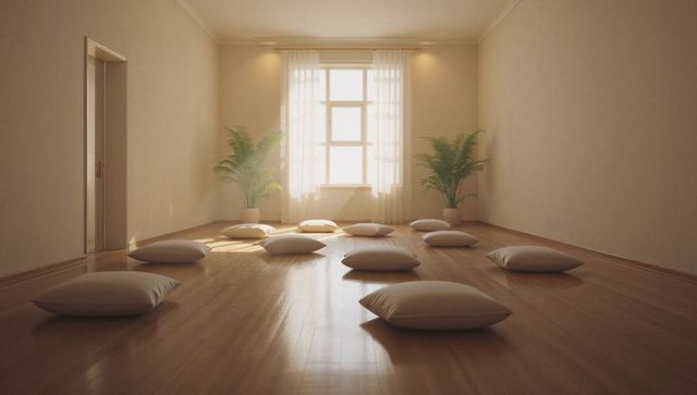 Serene Meditation Space with Cushions and Plants in Tranquil Light